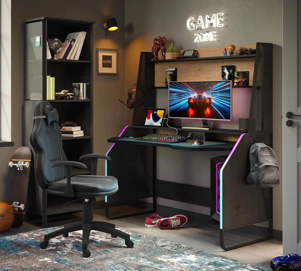 Birou gaming cu unitate superioara E i iluminare RGB ,   Colectia Black (142x72x154 cm)