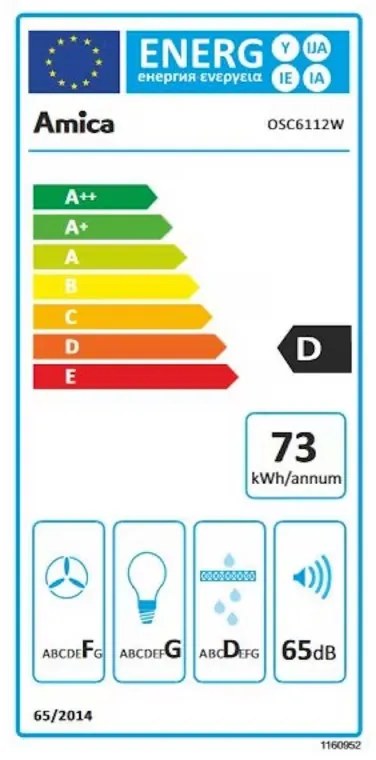 Hota AMICA OSC6112W, 197 m3/h, 118W, Clasa D, 3 trepte, 65 dBA, 60 cm, Filtru de carbon, Alb