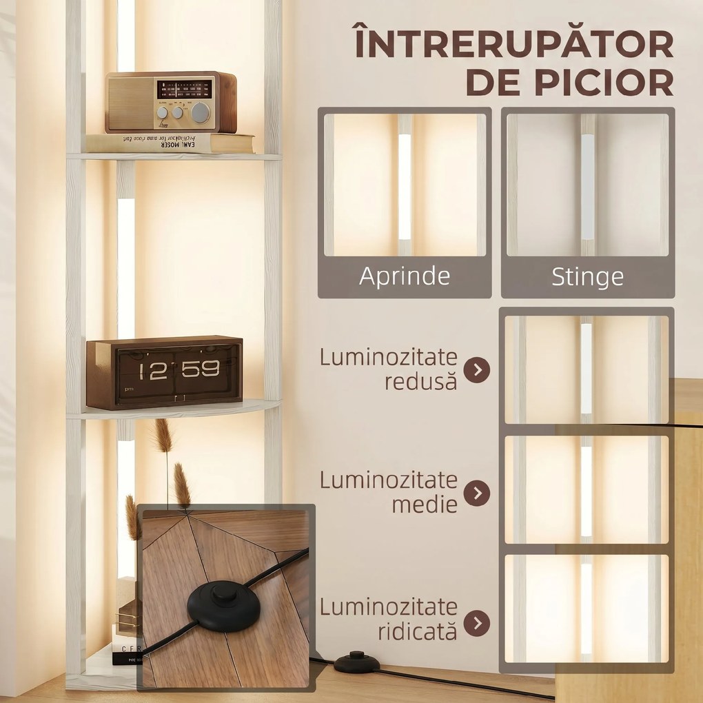 HOMCOM Lampadar Podea LED, 4 Rafturi, Lumină Reglabilă 3000K, MDF, 41x29,5x163,5 cm, Stejar | Aosom Romania