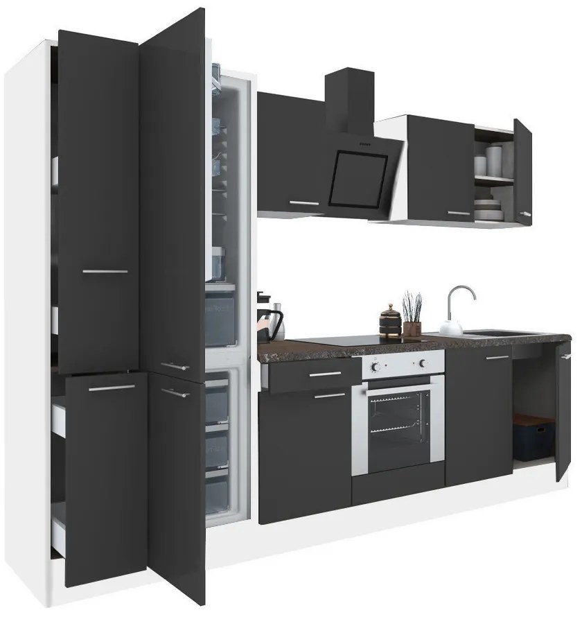 Mobilă de bucătărie Yorki 300, corp alb, față antracit satinat, element cuptor inferior, frigider congelator inferior