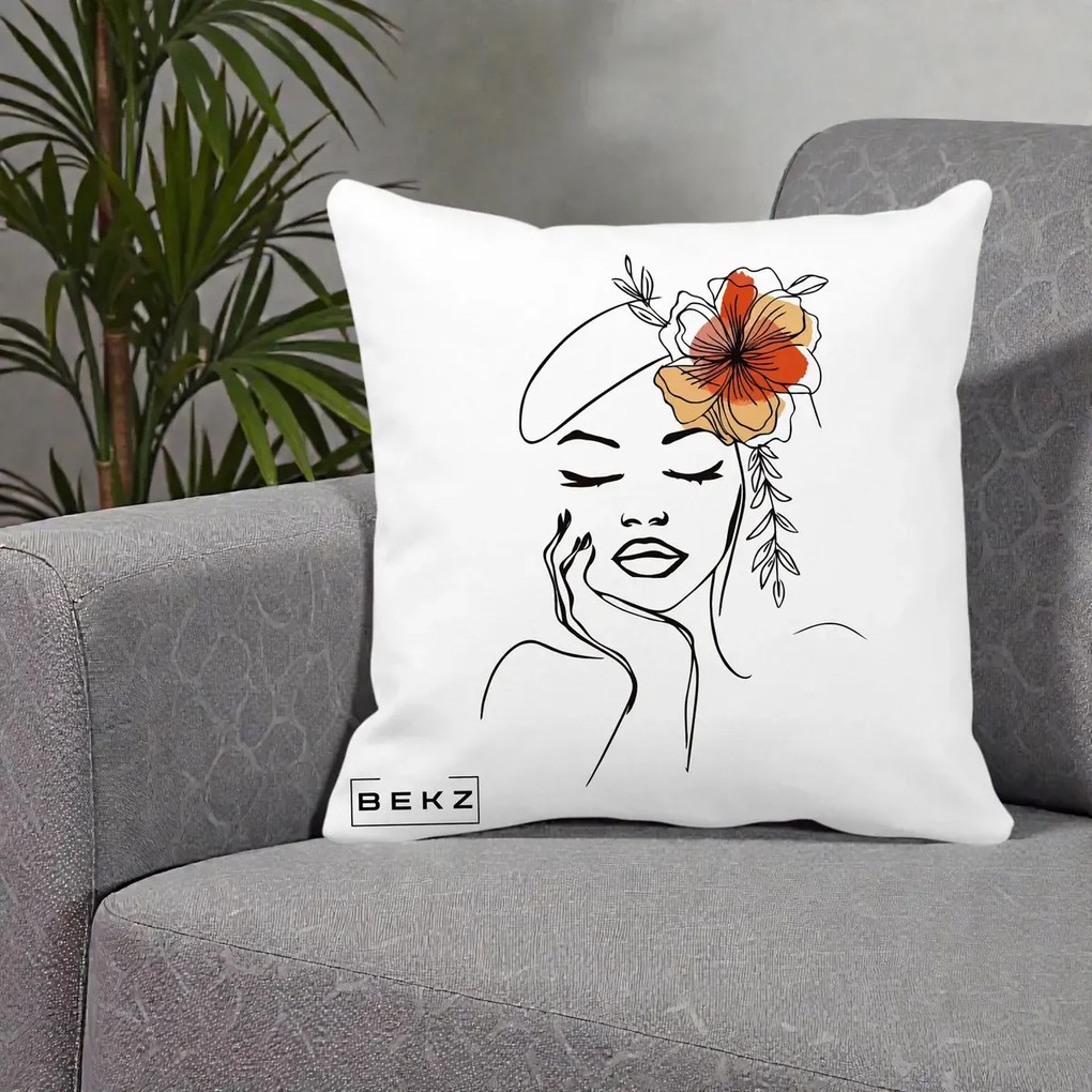 Perna Decorativa Portret Feminin Flori Palarie, 40x40 cm, Alba Mata, Husa Detasabila, Perna Inclusa, BEKZ®