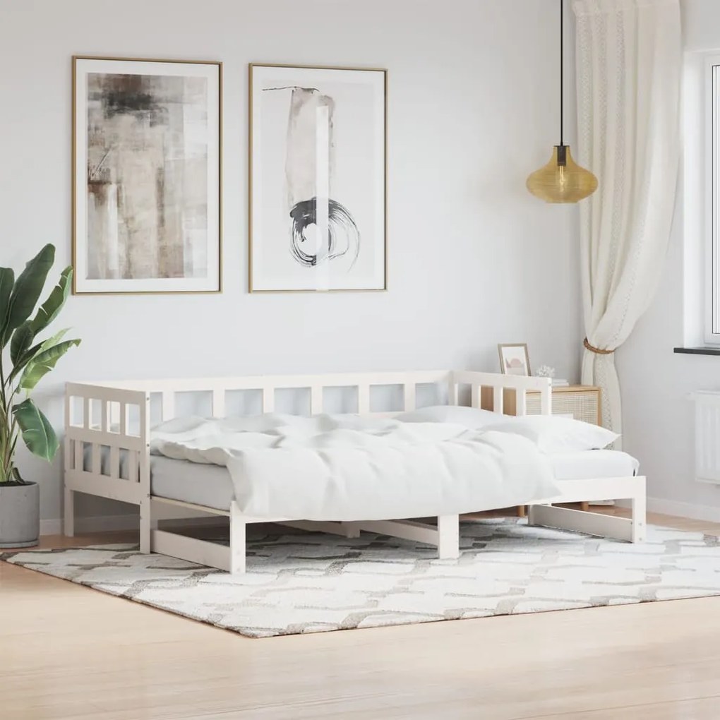 vidaXL Pat de zi cu extensie, alb, 90x190 cm, lemn masiv de pin