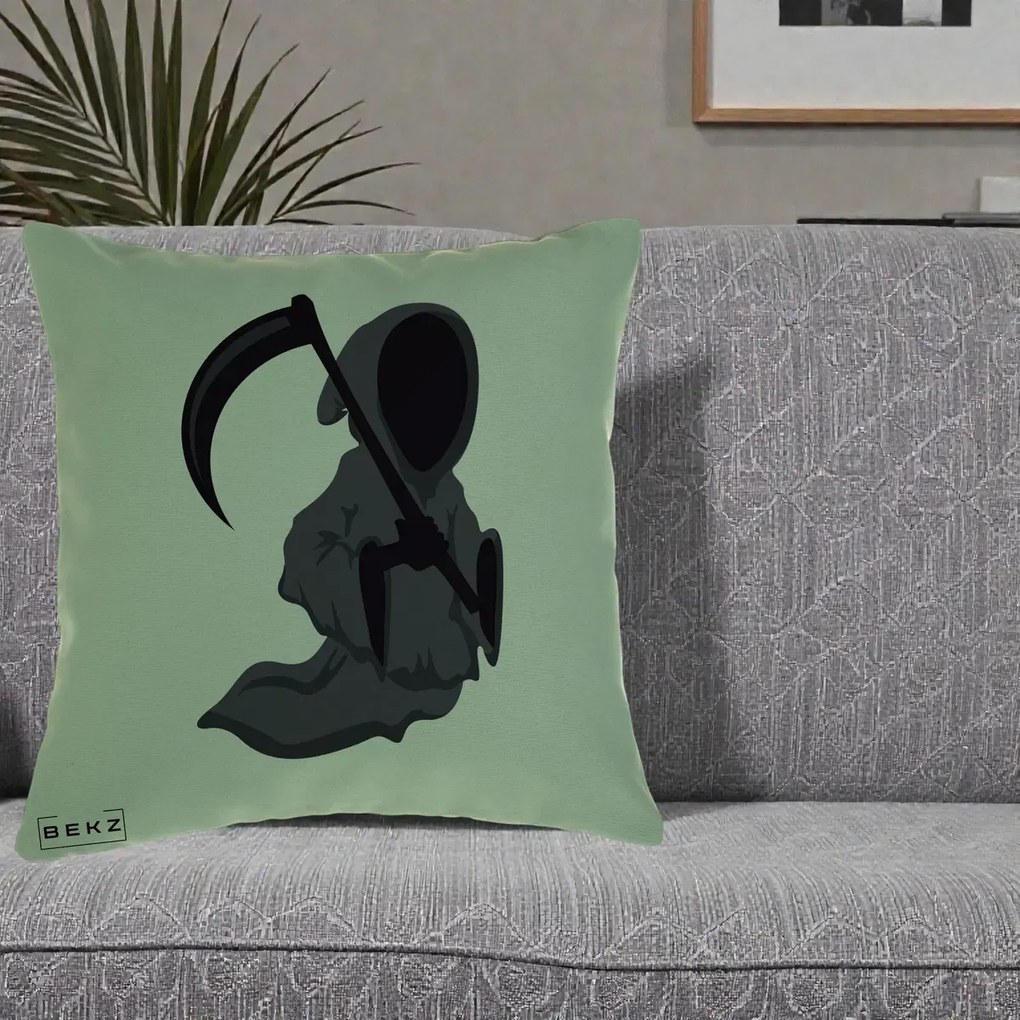 Perna Decorativa Moartea cu Coasa Grim Reaper Halloween, 40x40 cm, Verde, Husa Detasabila, Perna Inclusa, BEKZ®