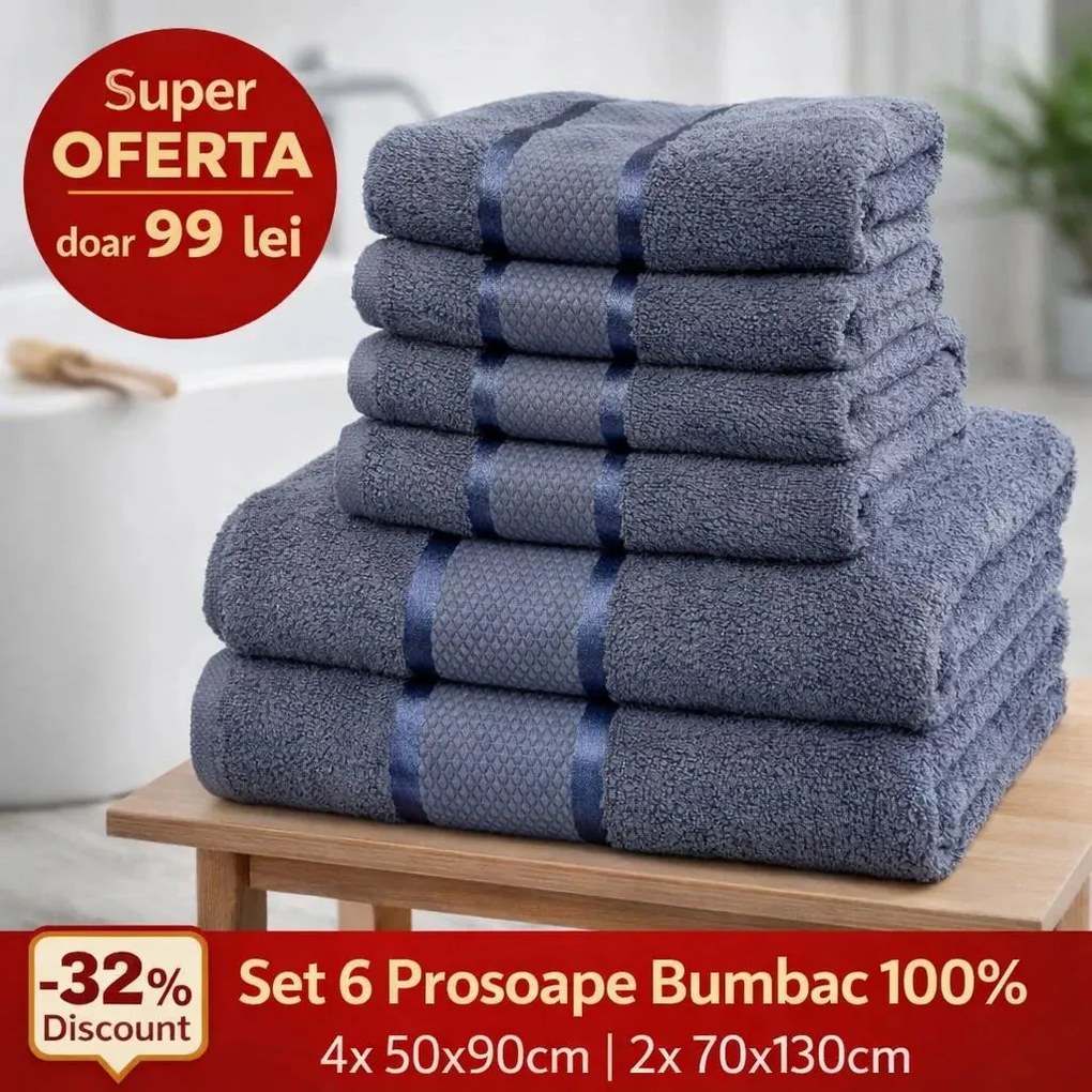 Set 6 Prosoape ROYAL Premium – 100% Bumbac Pieptănat, 550 g/mp, Ultra-Absorbante și Pufoase