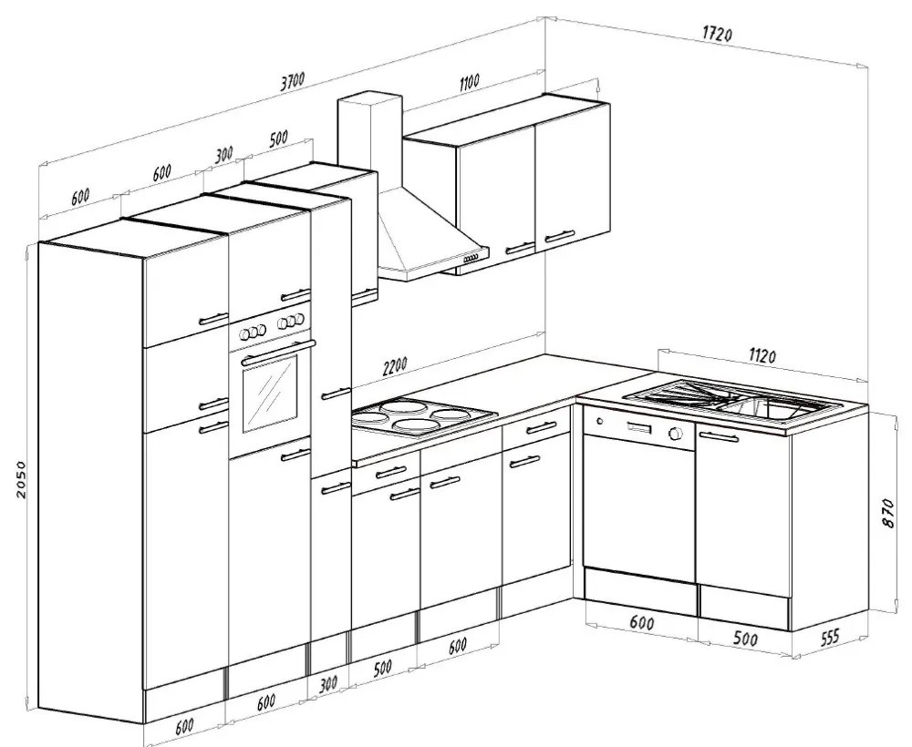 Dulap de bucătărie de colț Yorki 370, corp alb, cu față alb satinat