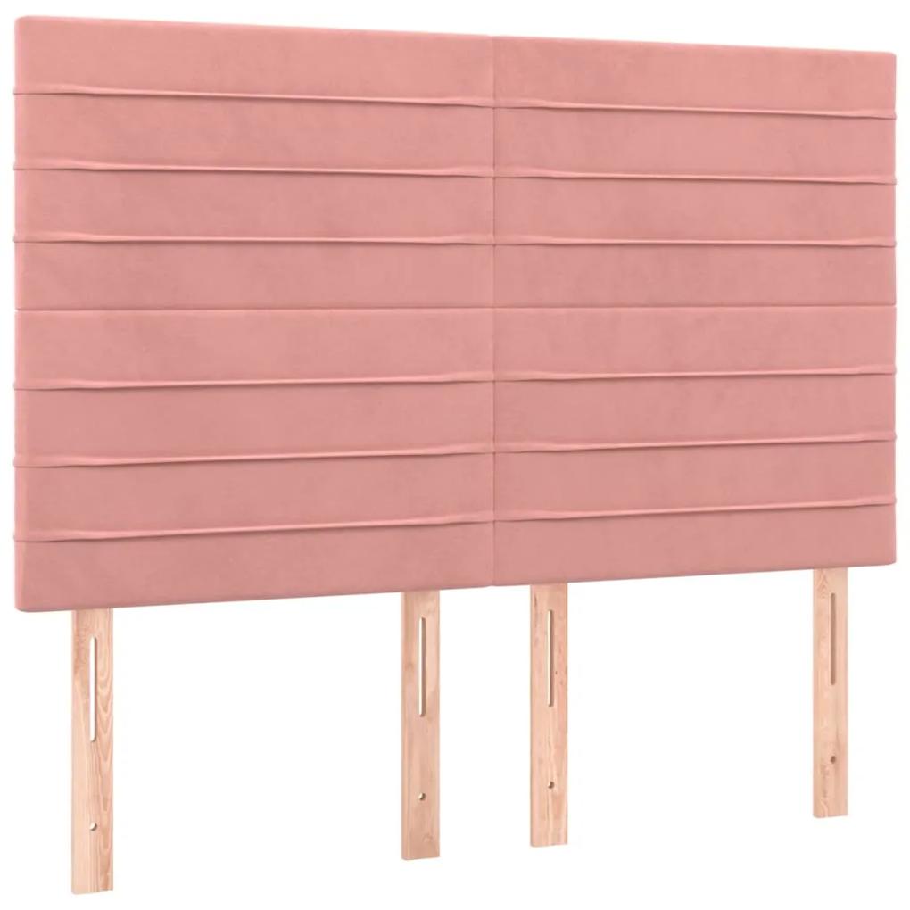 Pat box spring cu saltea, roz, 140x190 cm, catifea Roz, 140 x 190 cm, Benzi orizontale