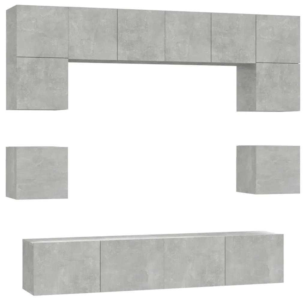 Set dulap TV, 8 piese, gri beton, lemn prelucrat 8, Gri beton, 80 x 30 x 30 cm