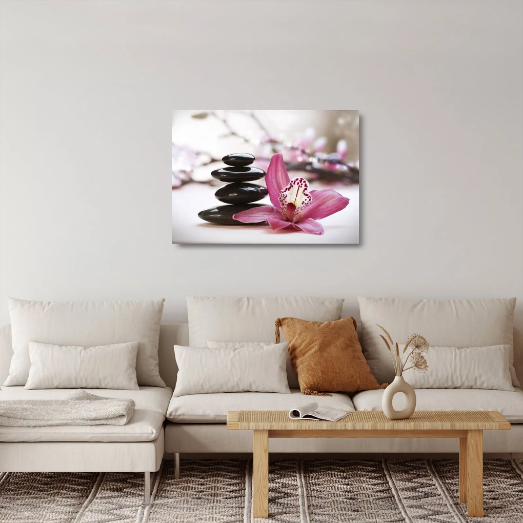 Tablou pe sticlă cupietre pentru masaj și orhidee (70x50 cm)