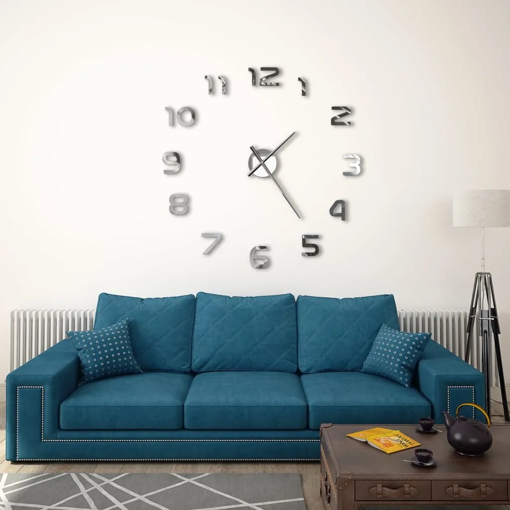 Ceas de perete 3D, argintiu, 100 cm, XXL, design modern Argintiu