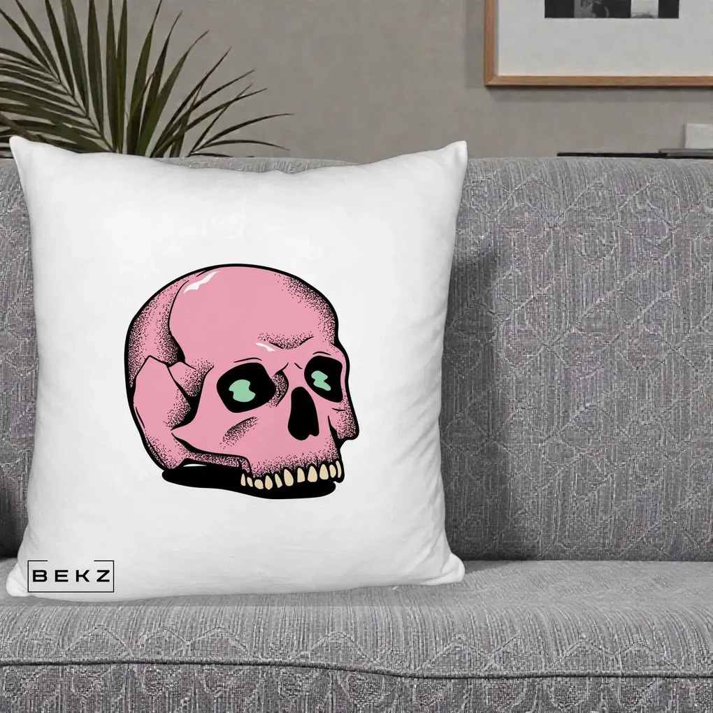 Perna Decorativa Craniu Roz Tatoo Art Halloween, 40x40 cm, Alb Pufos, Husa Detasabila, Perna Inclusa, BEKZ®