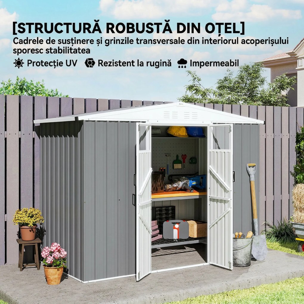 Outsunny Magazie pentru Unelte din Oțel Galvanizat cu 2 Uși, 246x117x180 cm, Gri Deschis | Aosom Romania