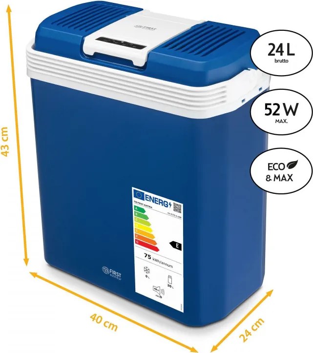 Lada electrica frigorifica First Austria FA-5170-4-BU, 58W, 24 l, Clasa E, 2 moduri, Separator intern, 12/220/240 V, Albastru/alb