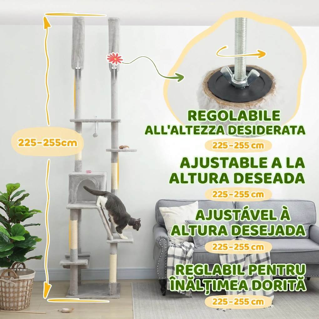 PawHut Copac zgârietoare de tavan cu înălțime ajustabilă 225-255cm Gri deschis | Aosom Romania