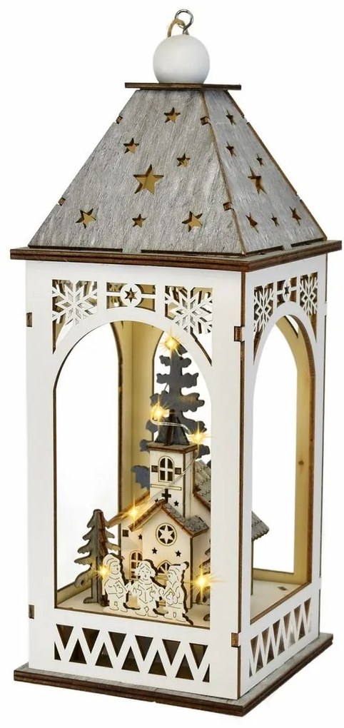 Lanterna din lemn cu motiv de Crăciun și iluminare LED, 11 x 29 cm, alb cald