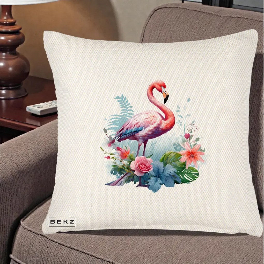 Perna Decorativa Flamingo cu Flori Tropicale Acuarela, 40x40 cm, Crem Reliefat, Husa Detasabila, Perna Inclusa, BEKZ®