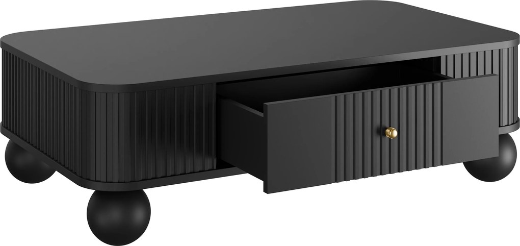 Măsuță de cafea Vesper 103x60 cm cu sertar - negru cu mânere aurii și picioare sferice