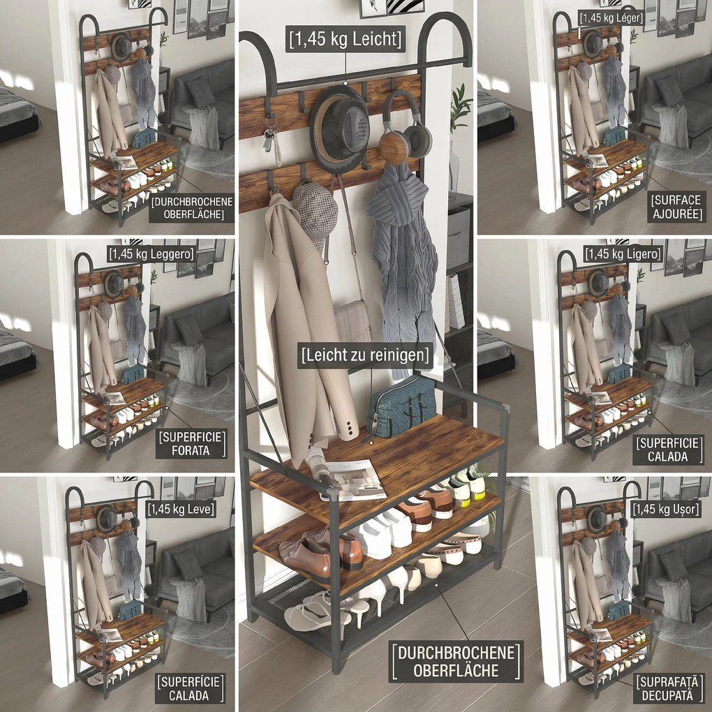 HOMCOM Suport de Haine de Intrare cu Bară, 10 Cârlige Mobile, Bancă și Raft pentru Încălțăminte, Mobilier în Pal și Metal, Design Industrial, 80x40x182 cm, Maro și Negru | Aosom Romania