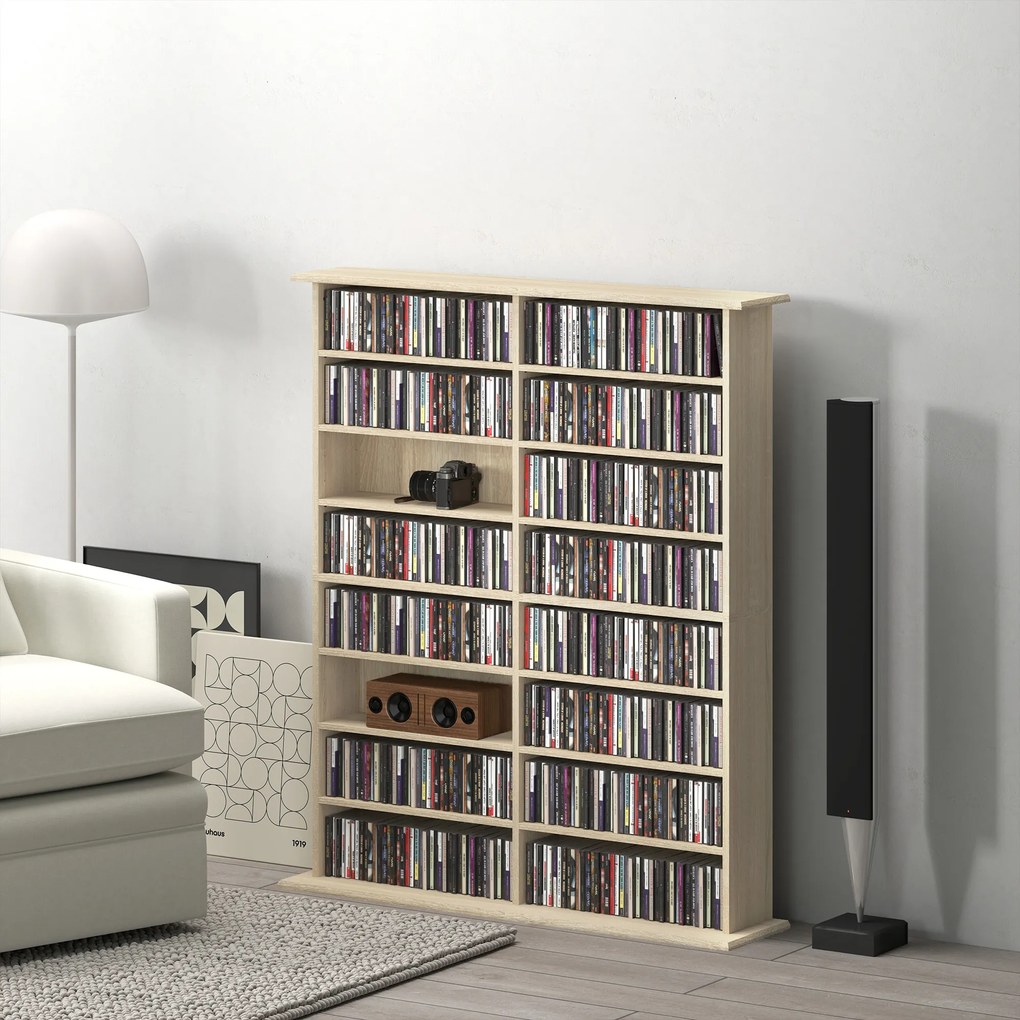 HOMCOM Rafturi pentru CD și DVD cu 16 compartimente și 12 polițe reglabile capacitate max. 720 CD/396 DVD și Blu-ray natural | Aosom Romania