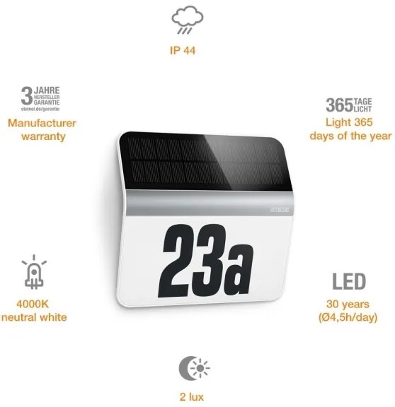 STEINEL 007140 - Număr casă solar LED XSolar LH-N LED/0,03W inox IP44
