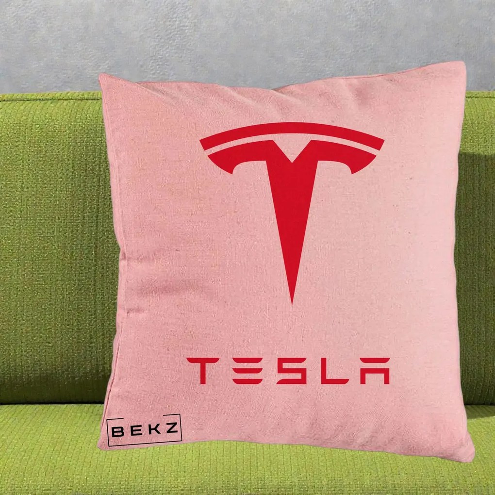 Perna Personalizata cu emblema Tesla, 40x40 cm, Roz, Husa Detasabila, Perna Inclusa, BEKZ®