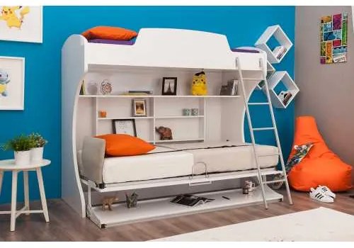 Pat rabatabil suprapus cu birou Diva Academy Bunk (85X190) si (90X190) - Alb Mat