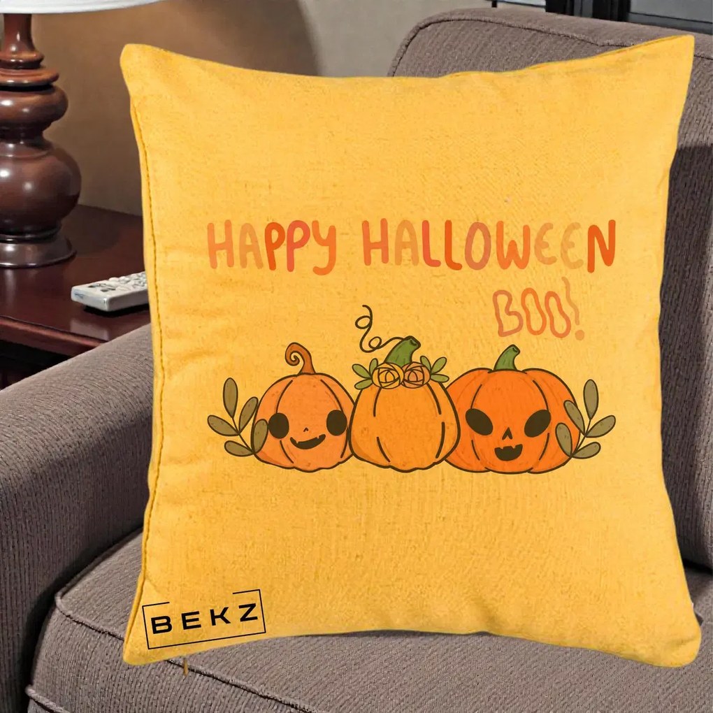 Perna Decorativa Happy Halloween Boo Trei Dovlecei Kawaii, 40x40 cm, Galben, Husa Detasabila, Perna Inclusa, BEKZ®