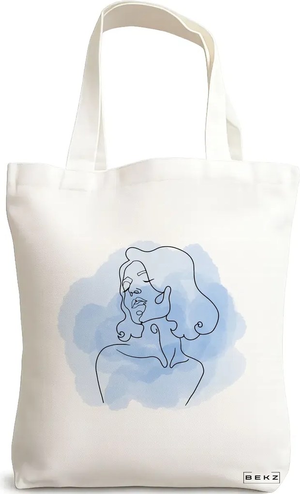 Sacosa de Panza pentru Cumparaturi, Geanta Tote, model Portret Feminin Minimalist, 38x34.5 cm, Alba, BEKZ®