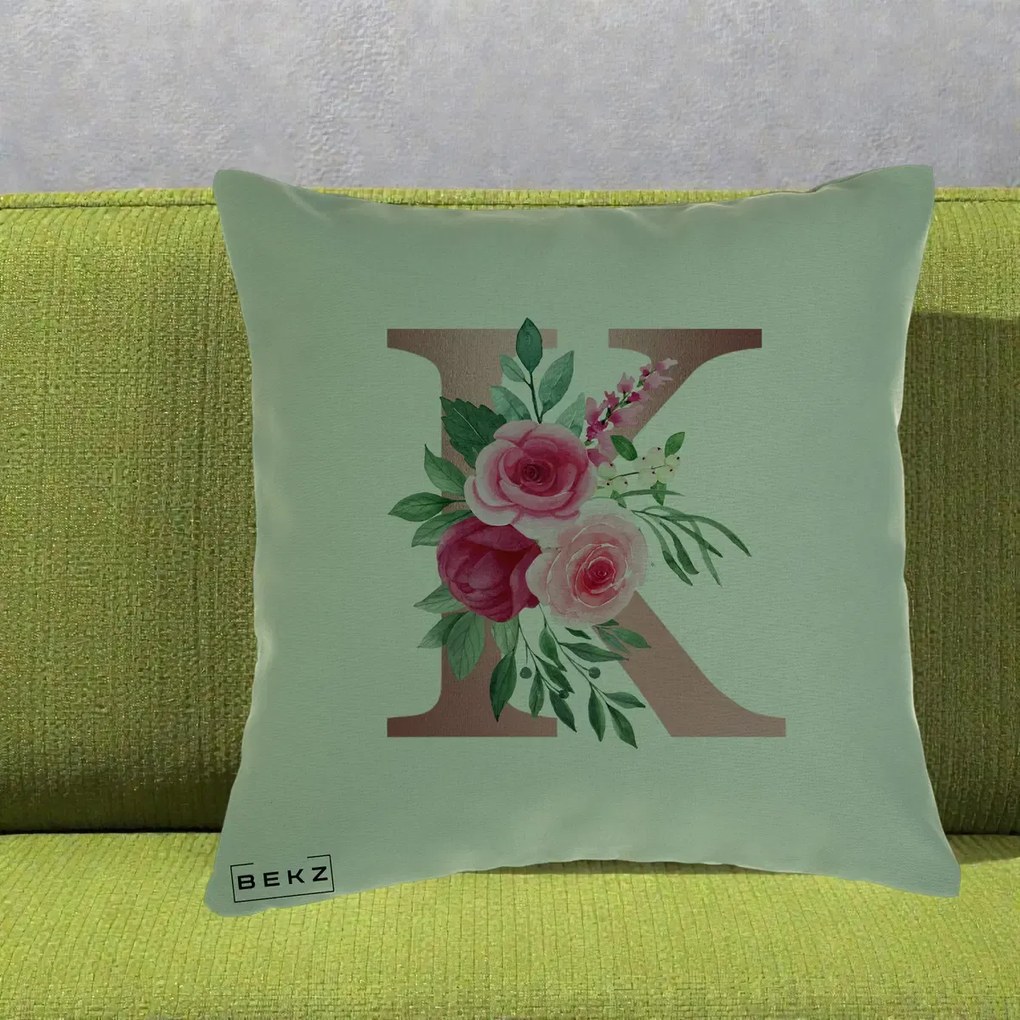 Cadou Personalizat - Perna Personalizata Monograma Rose Gold Litera K, 40x40 cm, Verde, Husa Detasabila, Perna Inclusa, BEKZ®