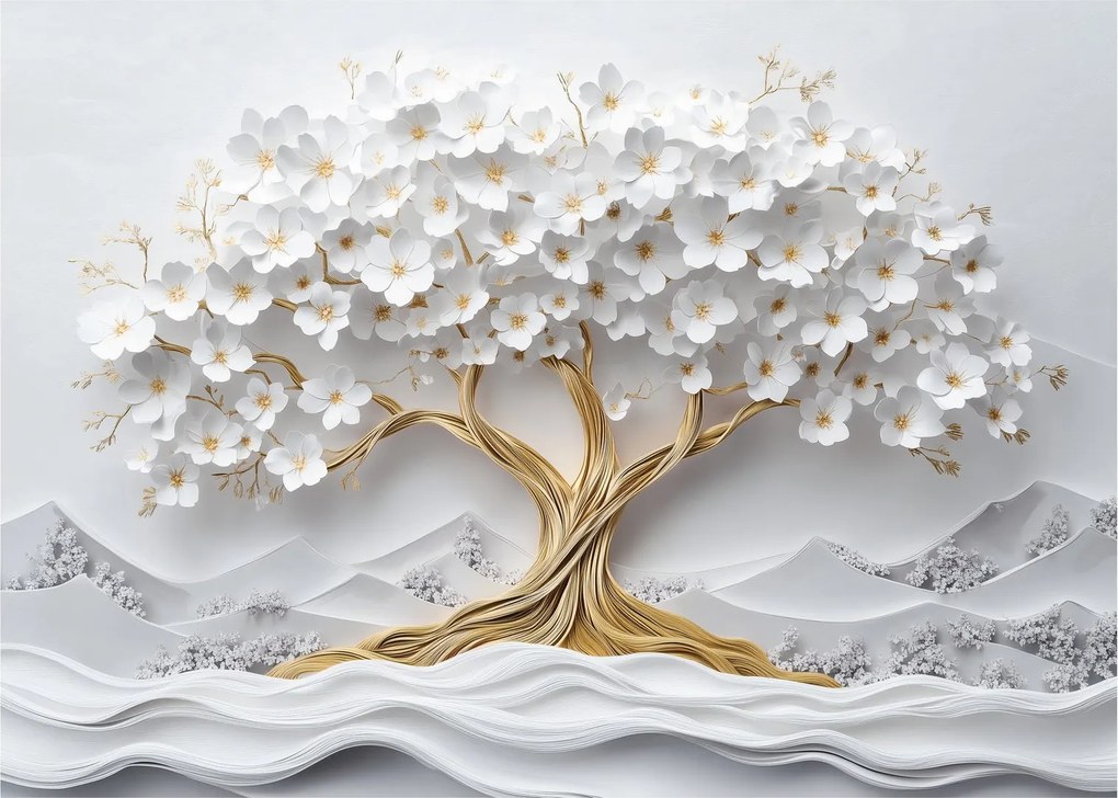 Tablou pe sticlă – Arborele vieții 3D plin de flori (70x50 cm)