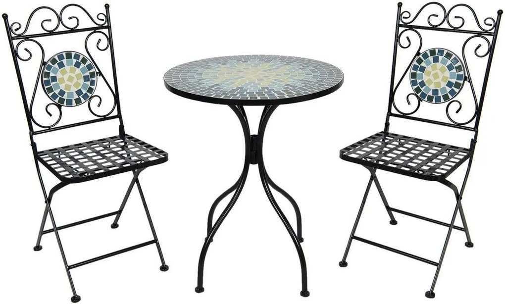 Set 2 scaune pliabile si masa fier forjat negru decorata cu mozaic albastru galben Ø 60 cm x 72 h