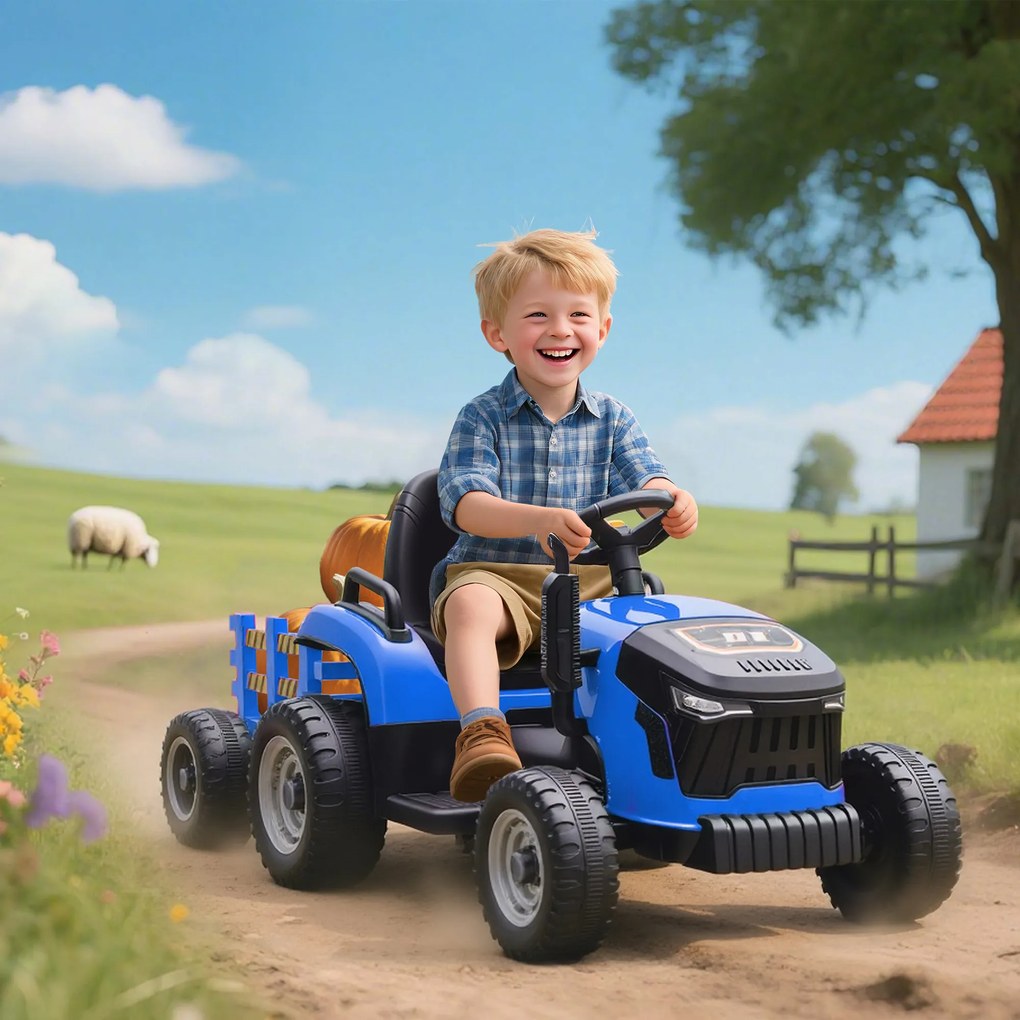 AIYAPLAY 2 în 1 Tractor Electric pentru Copii 3-8 Ani cu Remorcă Detașabilă, Telecomandă, Muzică, Lumini, Albastru | Aosom Romania