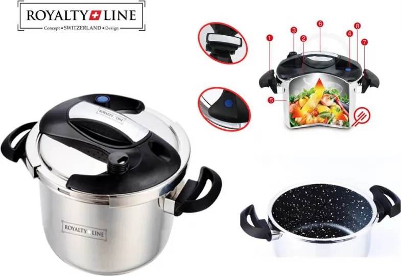 Oala sub presiune Royalty Line RL-PS6L, 6 L, 80 kPa, Otel inoxidabil, Supapa de siguranta, Inductie, Argintiu