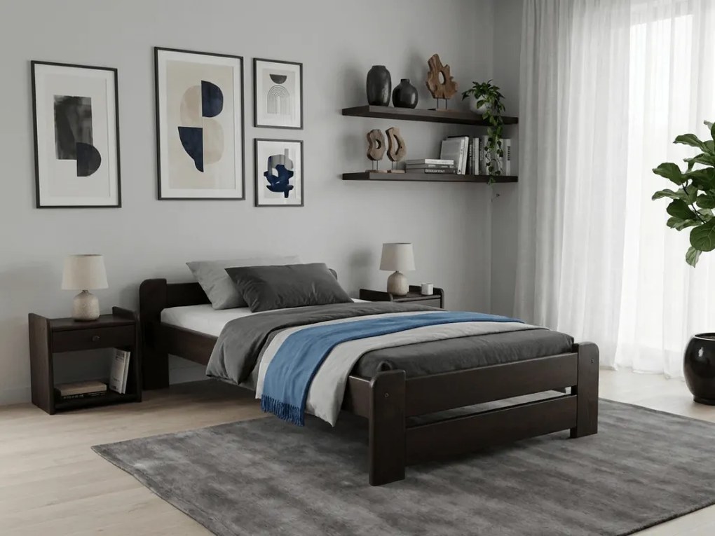 Pat de o persoana Emily 90x200 cm, nuc Saltele: Cu saltele Sommera 18 cm, Somiera pat: Cu lamele curbate