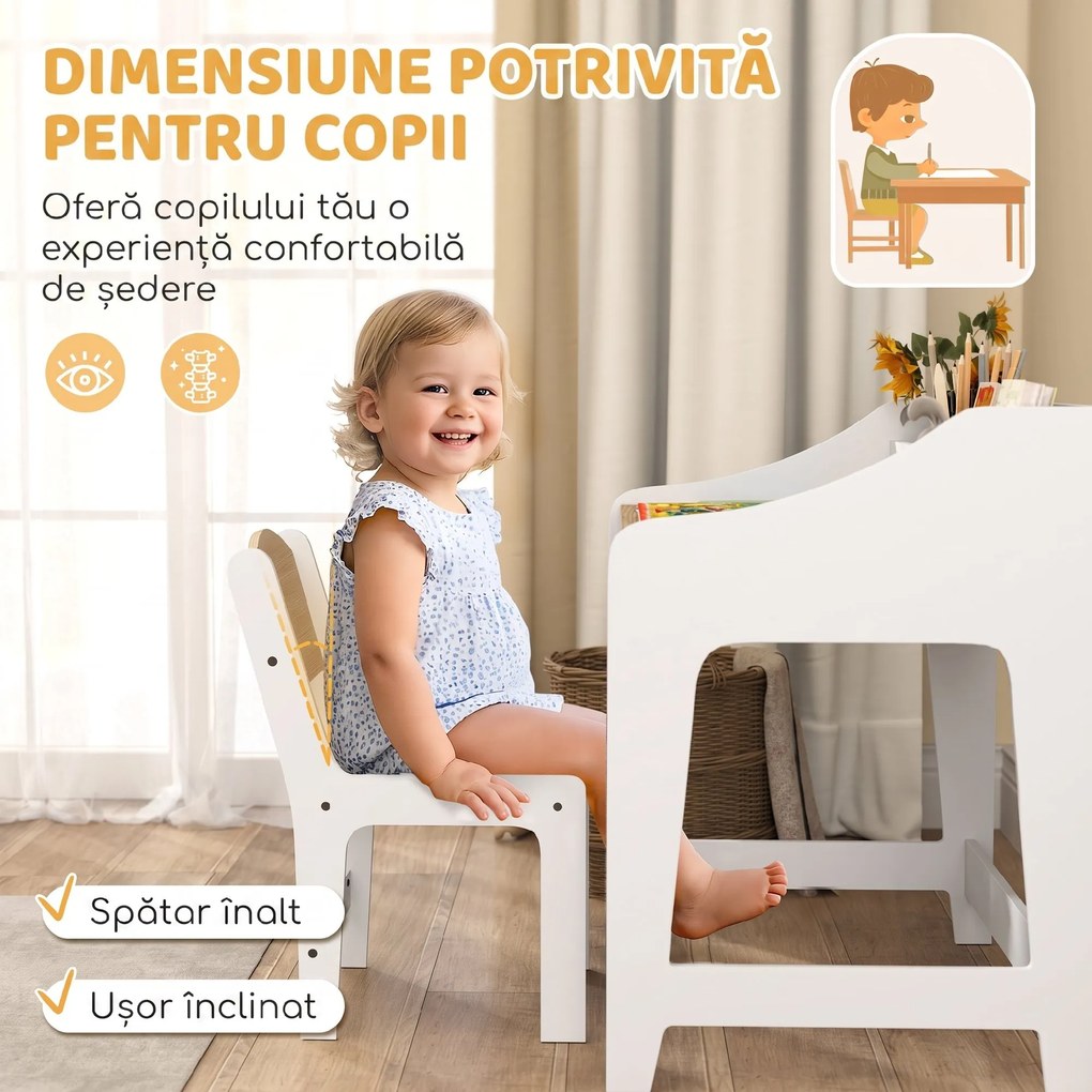 AIYAPLAY Set birou și scaun pentru copii 3-8 ani cu 3 compartimente deschise, margini rotunjite, din lemn, culoare lemn | Aosom Romania