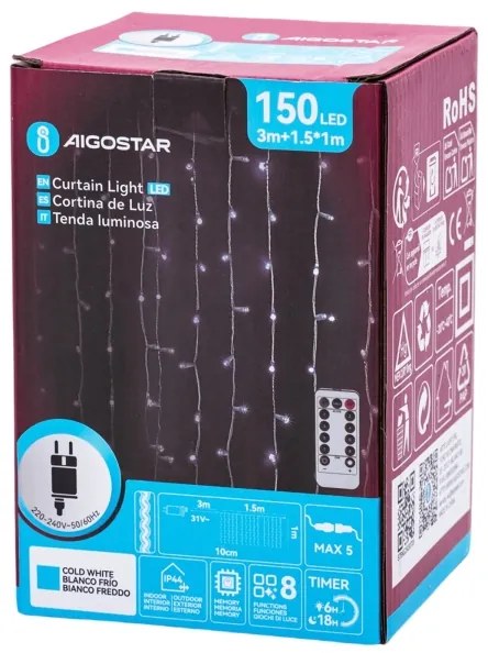 Aigostar - Ghirlandă LED de Crăciun pentru exterior 150xLED/6W/230V/8 funcții 1,5x1m IP44 alb rece + telecomandă