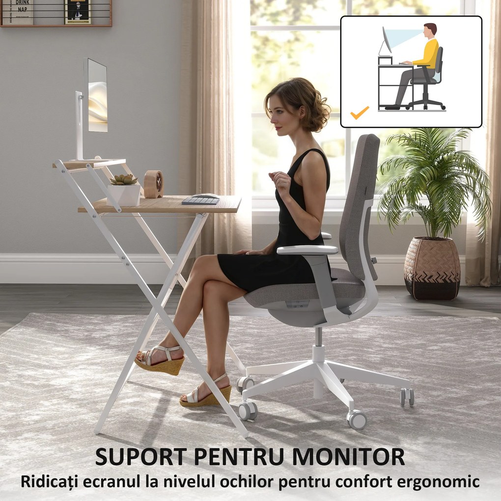 Birou HOMCOM pliant compact, suport monitor, lemn natural | Aosom Romania