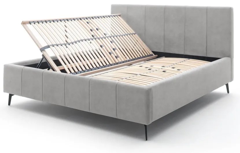 Pat matrimonial gri deschis tapițat cu spațiu de depozitare cu somieră 160x200 cm Lizzano – Meise Möbel