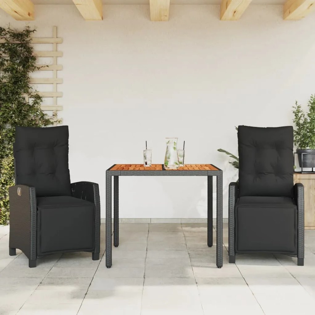 vidaXL Set mobilier de grădină cu perne, 3 piese, negru, poliratan