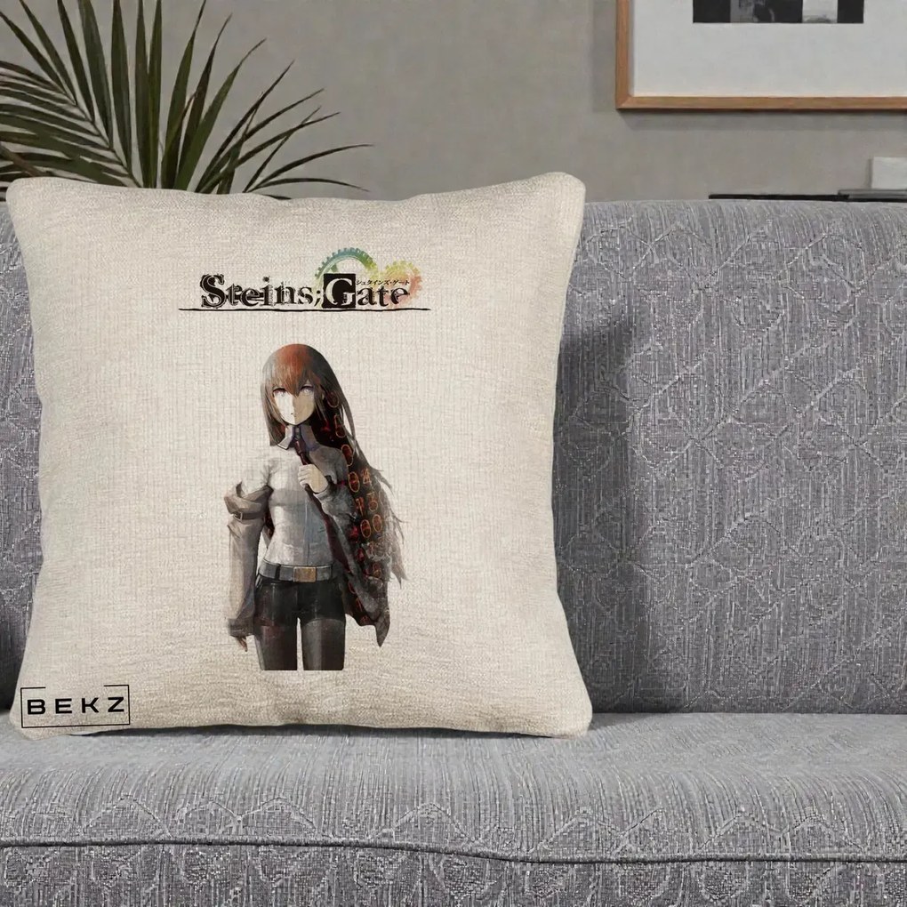 Perna Personalizata Steins Gate Kurisu Makise Anime, 40x40 cm, Bej Canapea, Husa Detasabila, Perna Inclusa, BEKZ®