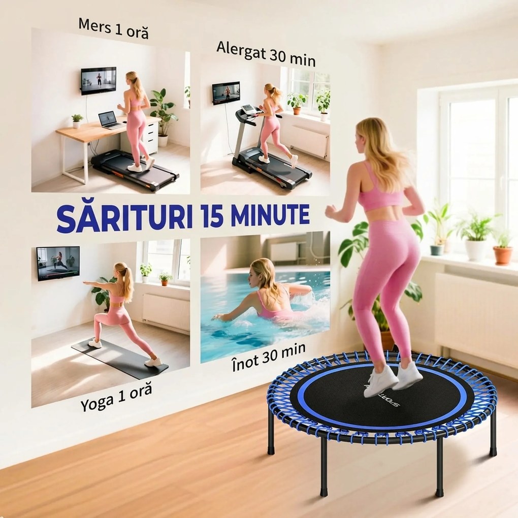 SPORTNOW Trambulină Elastică Fitness cu 36 de Corzi din Oțel și PP, Ø114x31 cm, Albastru | Aosom Romania