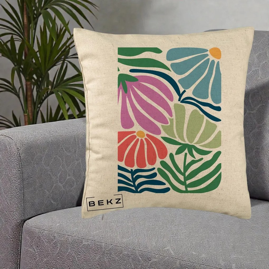 Perna Decorativa Flori Grafice Multicolore Modern, 40x40 cm, Bej, Husa Detasabila, Perna Inclusa, BEKZ®