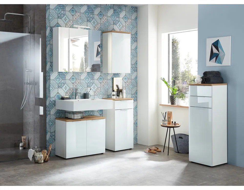 Dulap de baie alb scund cu aspect de lemn de stejar 39x86 cm Pescara – Germania