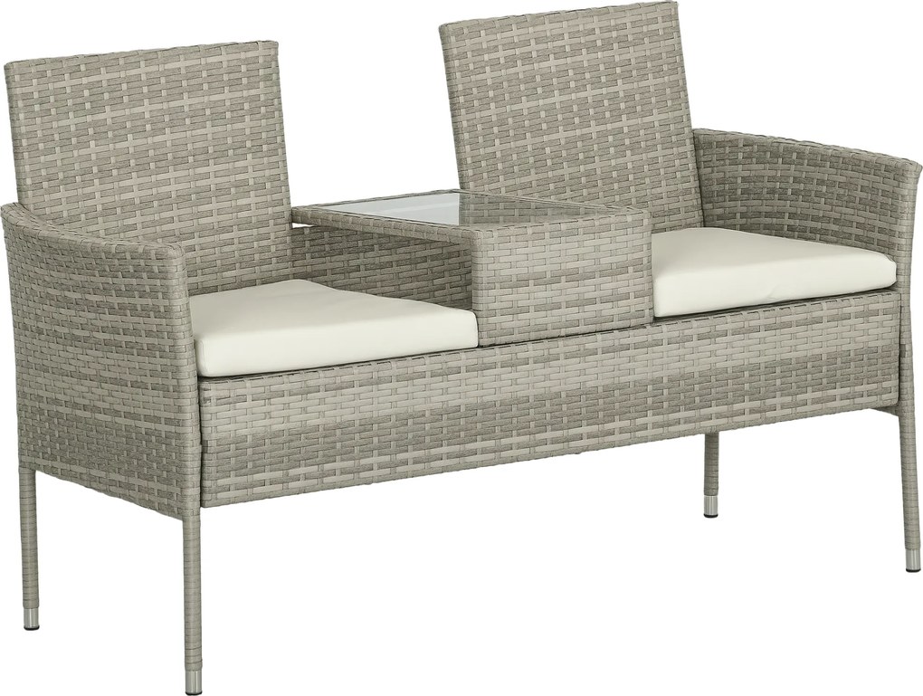 Outsunny Bancă de grădină din rășină împletită 2 locuri cu masă și perne - 135 x 64 x 81 cm - pentru balcon și terasă negru | Aosom Romania