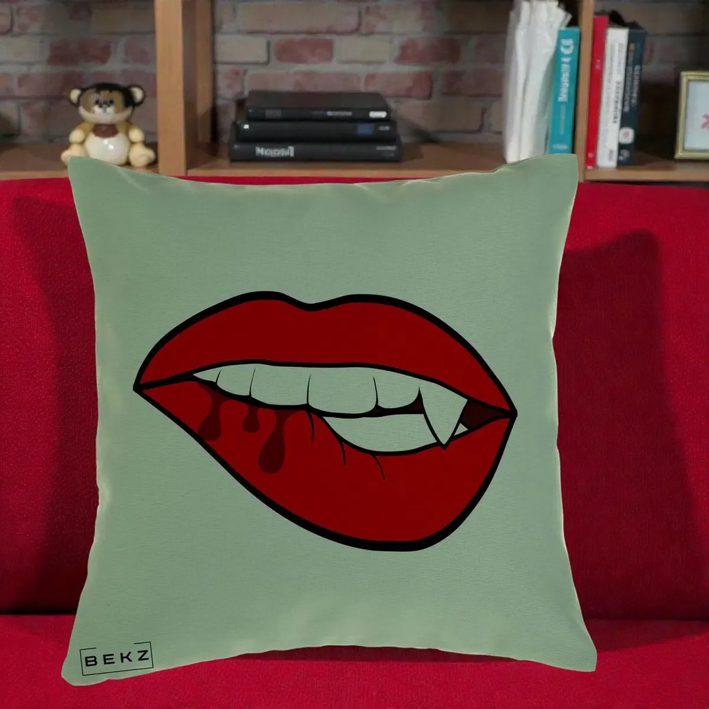 Perna Decorativa Vampire Lips Halloween, 40x40 cm, Verde, Husa Detasabila, Perna Inclusa, BEKZ®