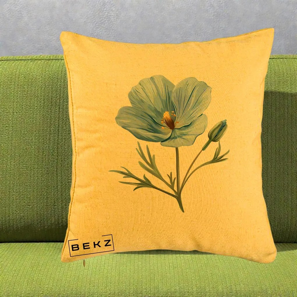 Perna Decorativa Mac Albastru Acuarela, 40x40 cm, Galben, Husa Detasabila, Perna Inclusa, BEKZ®