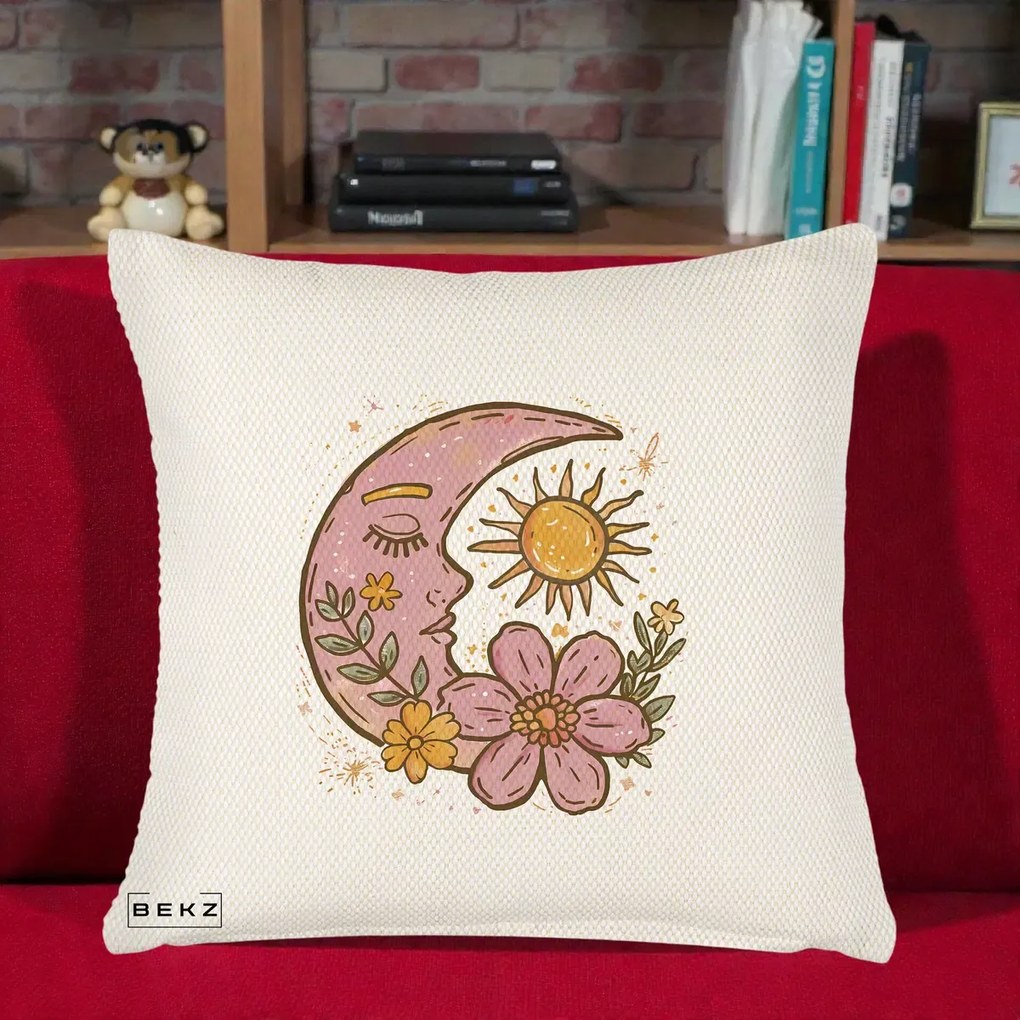Perna Personalizata Luna si Soare Floral Boho, 40x40 cm, Crem Reliefat, Husa Detasabila, Perna Inclusa, BEKZ®