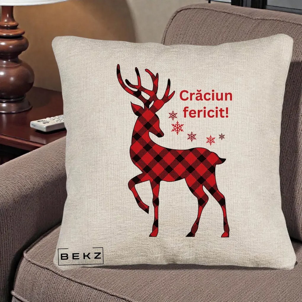 Perna Decorativa Ren Tartan Craciun Fericit, 40x40 cm, Bej Canapea, Husa Detasabila, Perna Inclusa, BEKZ®