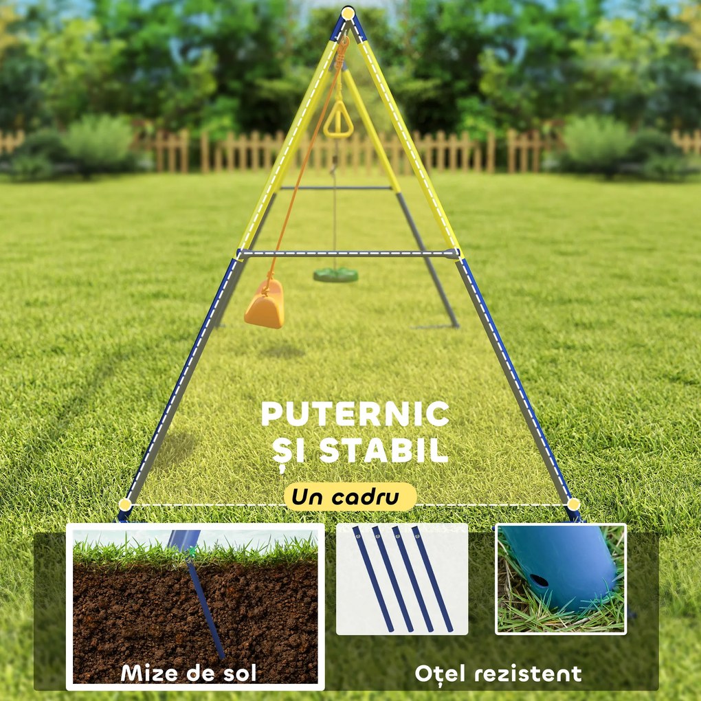 AIYAPLAY Set Leagăn de Grădină 3 în 1 pentru Copii cu Leagăn în Picioare, Inele Gimnastice, Cadru A din Oțel, Leagăne Duble pentru Copii, Capacitate 150kg, Exterior, 3-8 Ani, 285x160x181 cm | Aosom Romania