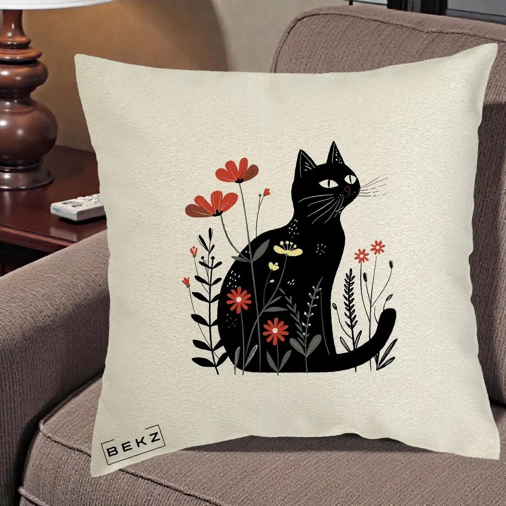 Perna Decorativa Pisica Neagra Flori Rosii Folk, 40x40 cm, Ecru, Husa Detasabila, Perna Inclusa, BEKZ®