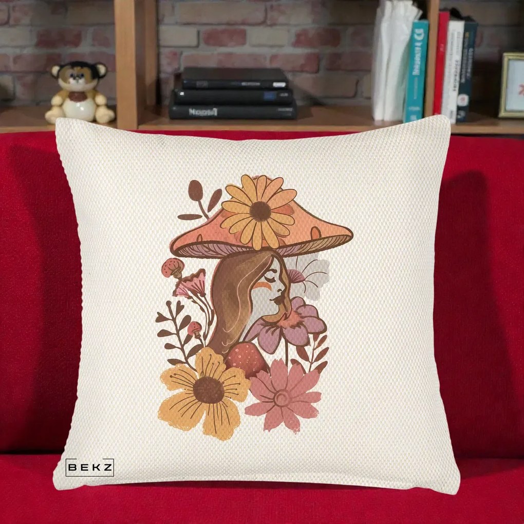 Perna Decorativa Fata Ciuperca Florala Boho, 40x40 cm, Crem Reliefat, Husa Detasabila, Perna Inclusa, BEKZ®